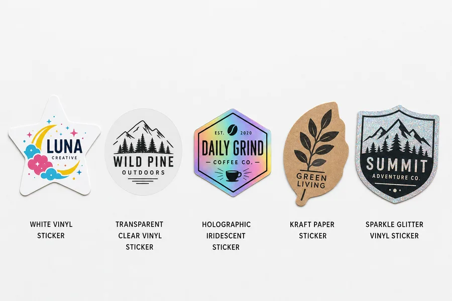 Die cut sticker material comparison: white vinyl, clear, holographic, kraft, glitter
