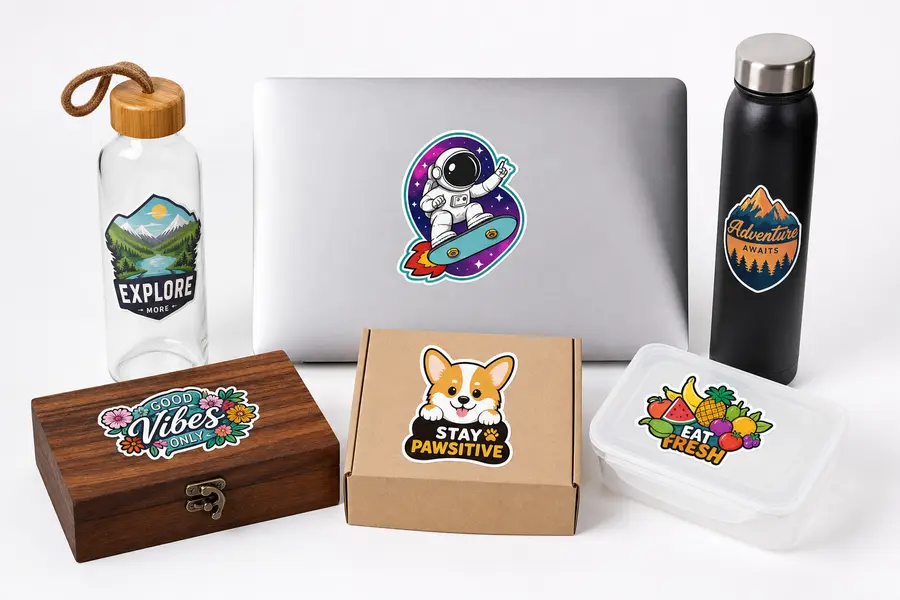Custom die cut stickers applied to various surfaces: water bottle, laptop, thermos, wooden box, cardboard box, plastic container