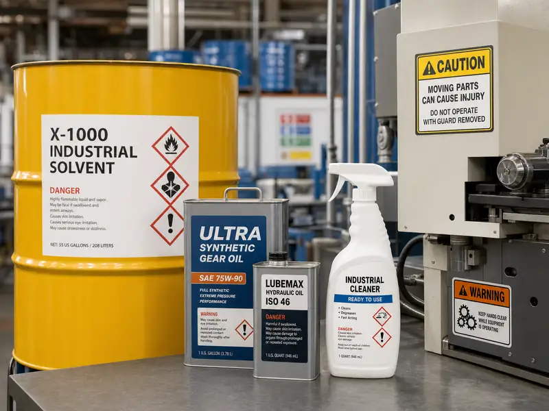Chemical and industrial products with GHS hazard labels and warning stickers