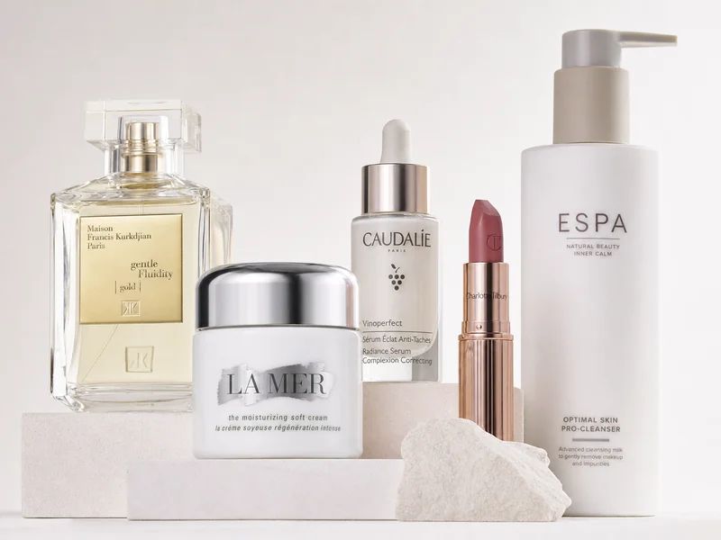 Luxury cosmetics and beauty products with premium metallic and embossed labels