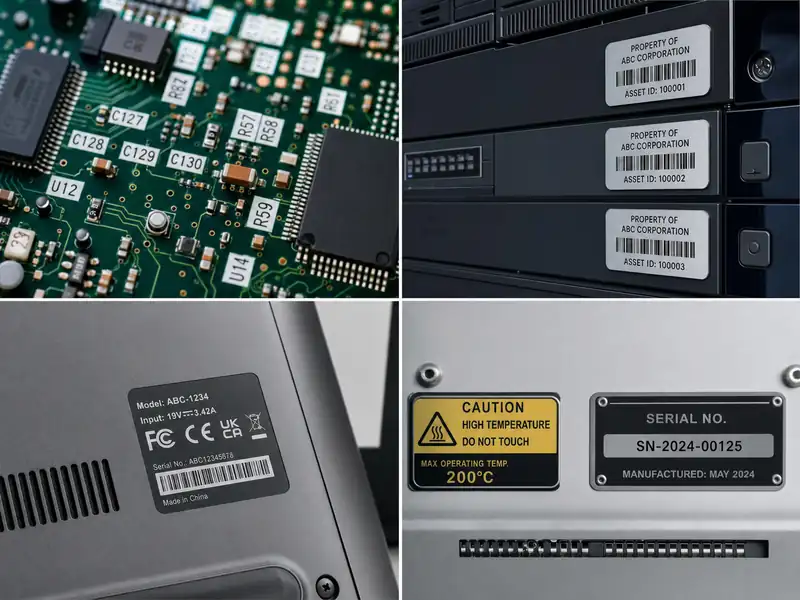 Electronics with asset tags, certification labels and serial number plates
