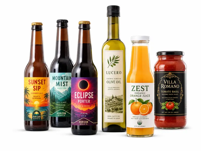 Food and beverage products with custom labels including beer bottles, olive oil and juice