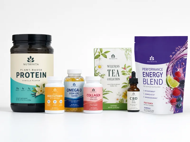 Health and wellness supplement products with colorful custom labels