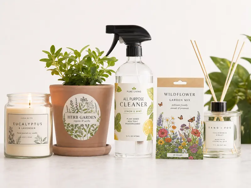 Home and garden products with custom labels including candles, plant pots and cleaning products