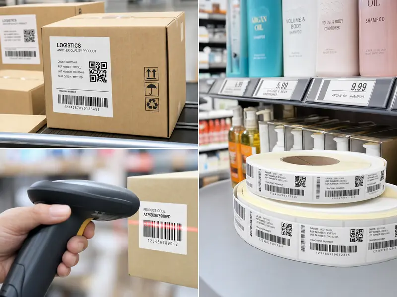 Logistics and retail labeling with barcode labels and shipping boxes