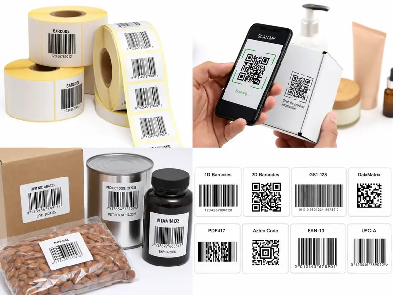Barcode and QR code labels on rolls and product packaging being scanned by smartphone