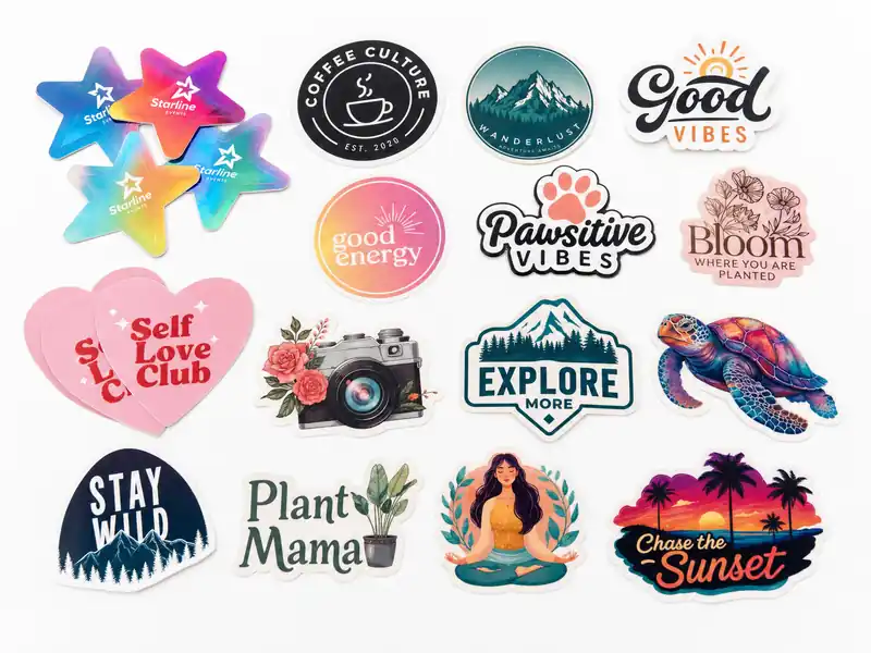 Custom die cut stickers in various shapes including stars, circles and custom contours