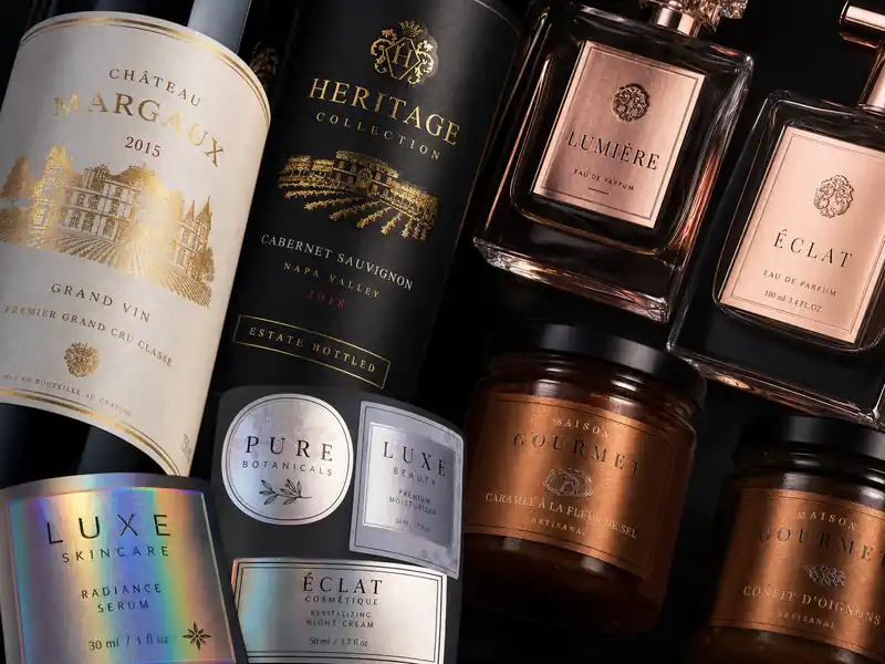 Premium metallic foil labels on wine bottles and cosmetic products showing gold and silver finishes