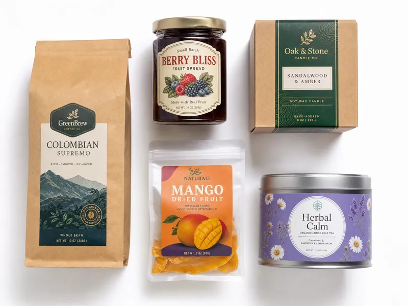 Custom packaging labels on kraft bags, glass jars, cardboard boxes and pouches