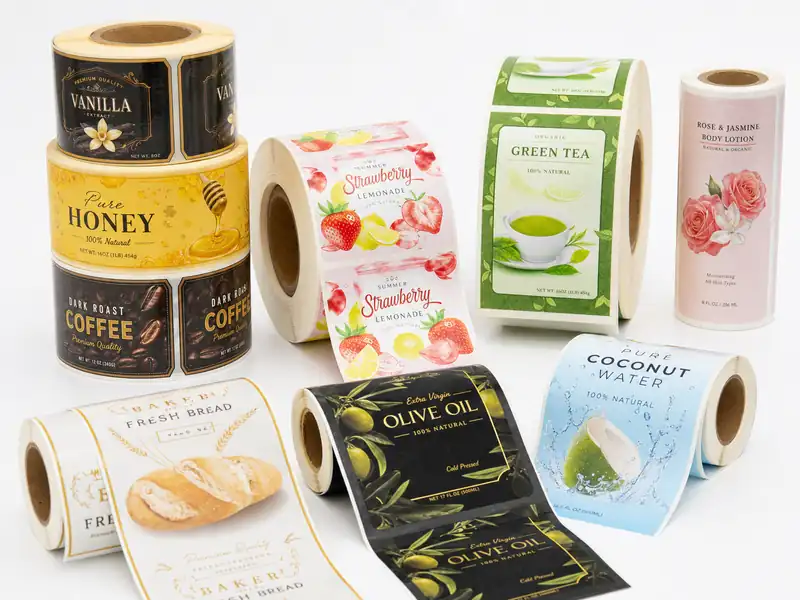 Custom roll labels showing food and beverage label designs on rolls