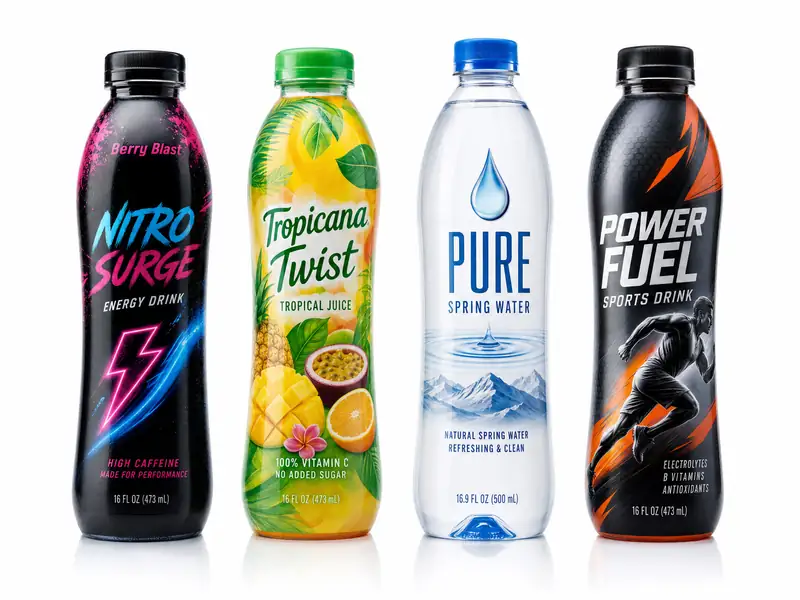 Shrink sleeve labels on beverage bottles showing 360-degree full-body coverage