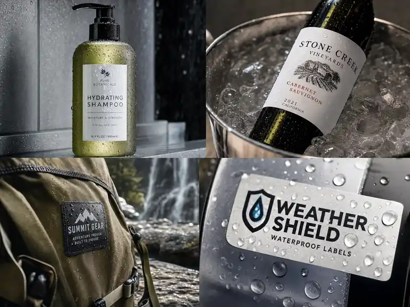 Waterproof labels on shampoo bottle and wine bottle in ice bucket showing water resistance