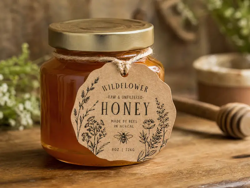 Kraft paper and custom die cut labels for artisan food brands