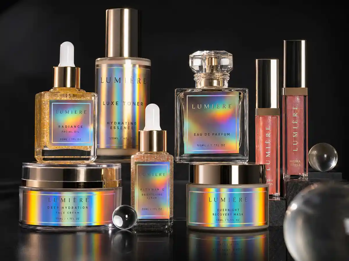 Holographic labels on luxury cosmetics