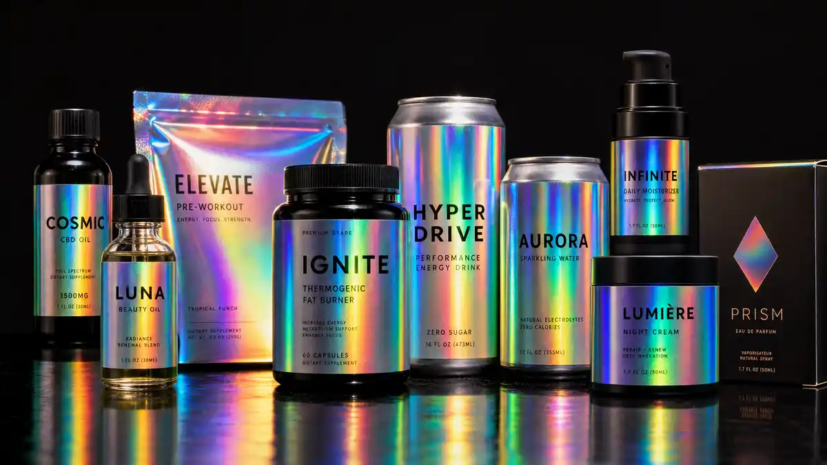 Custom holographic labels with rainbow iridescent effects