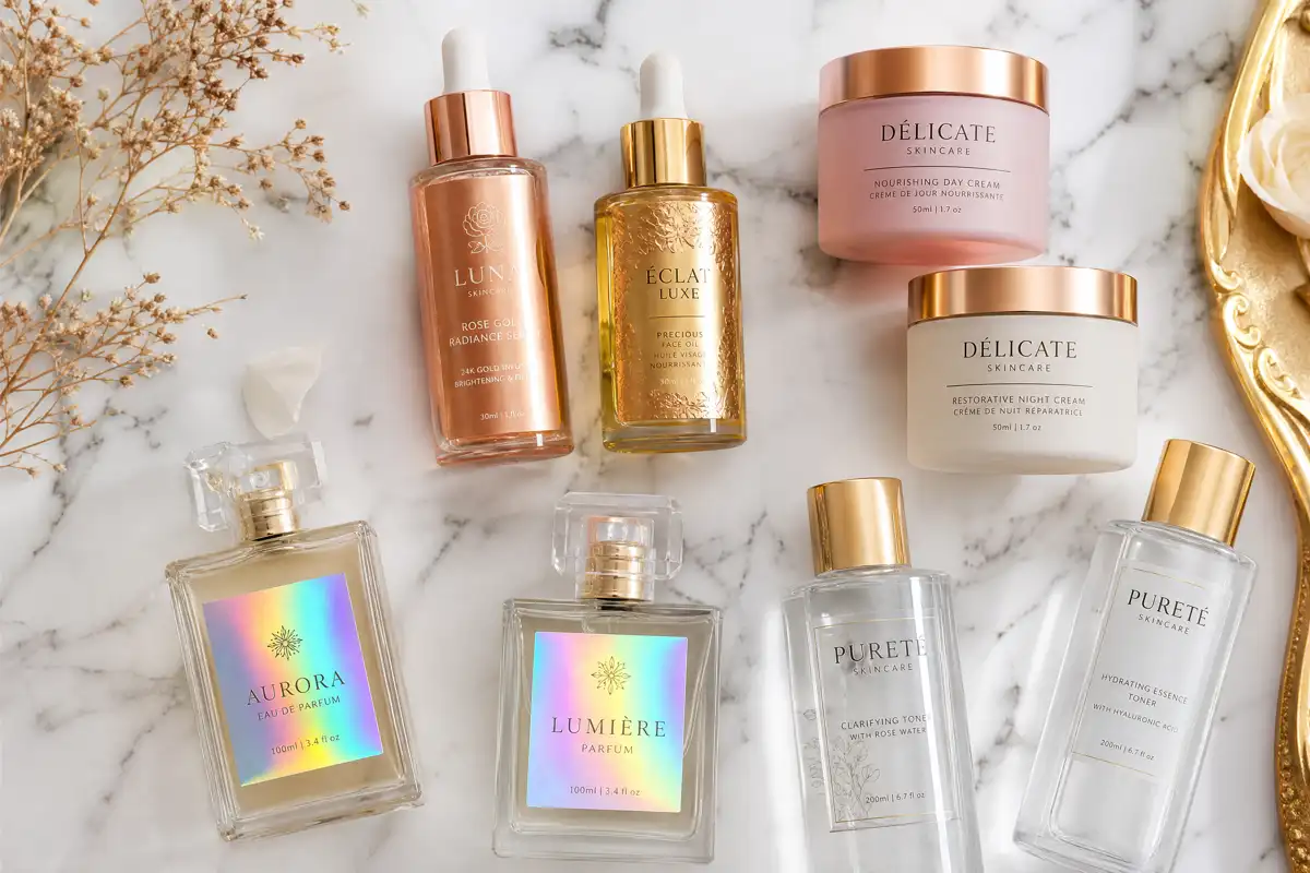 Premium cosmetics labels showing soft-touch matte, metallic foil and holographic finishes