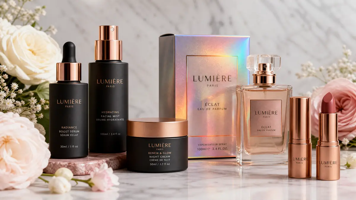 Custom cosmetics and beauty product labels on skincare bottles, perfume packaging and makeup products