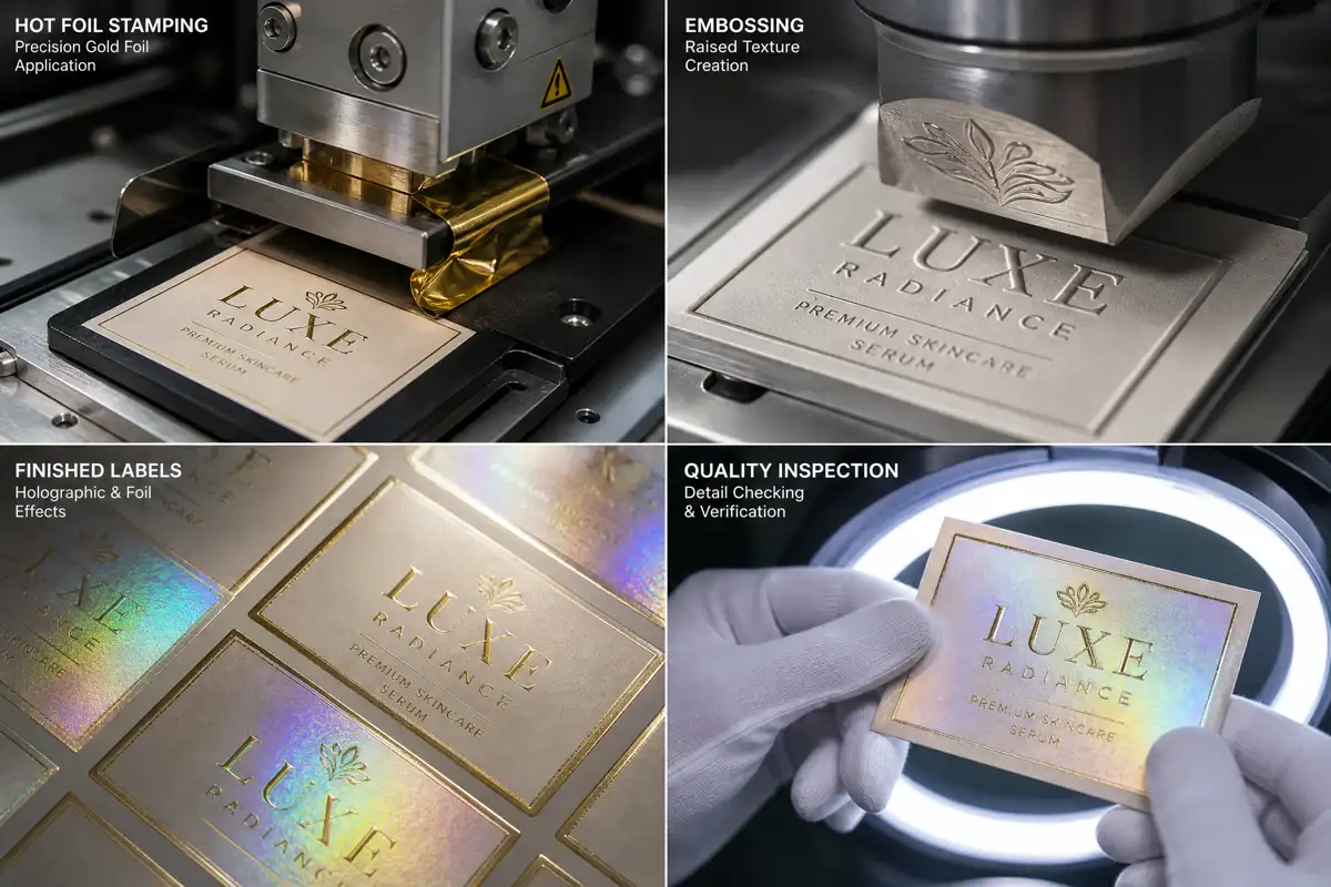 Premium beauty label printing process showing foil stamping and soft-touch lamination
