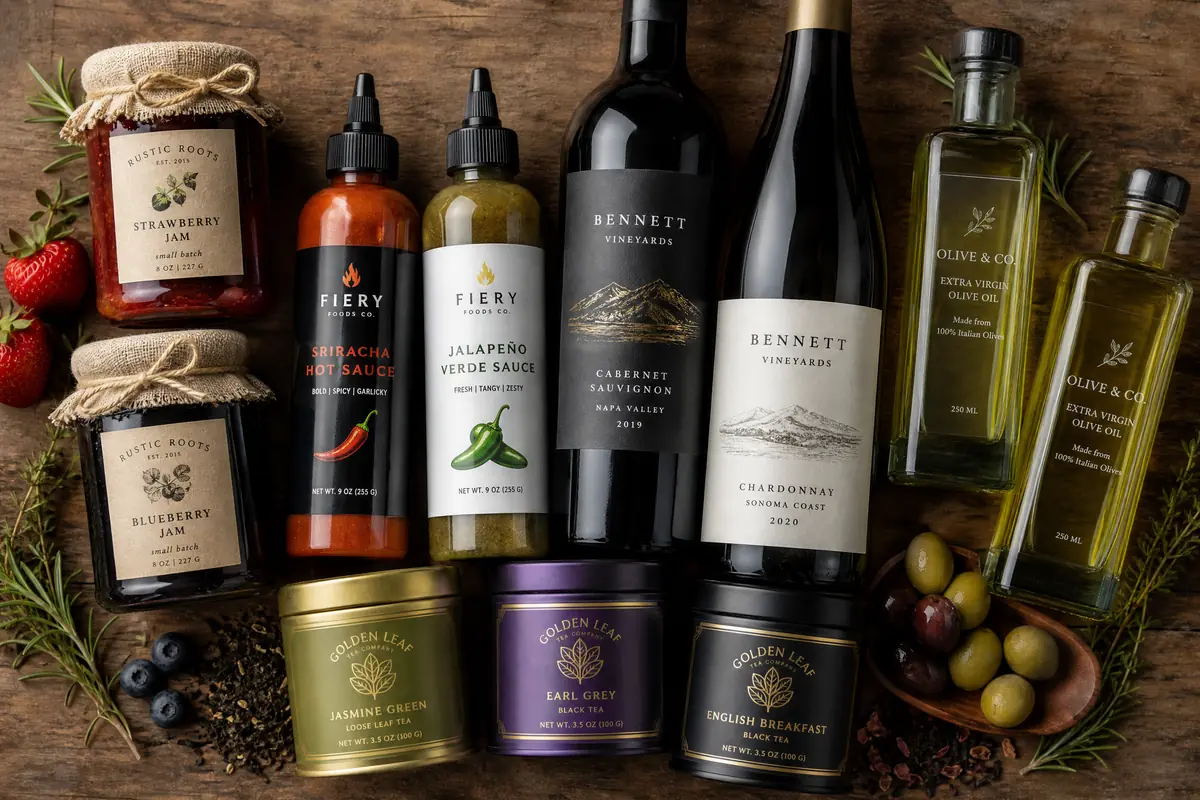 Diverse food and beverage labels on jam jars, wine bottles, sauce bottles and tea tins