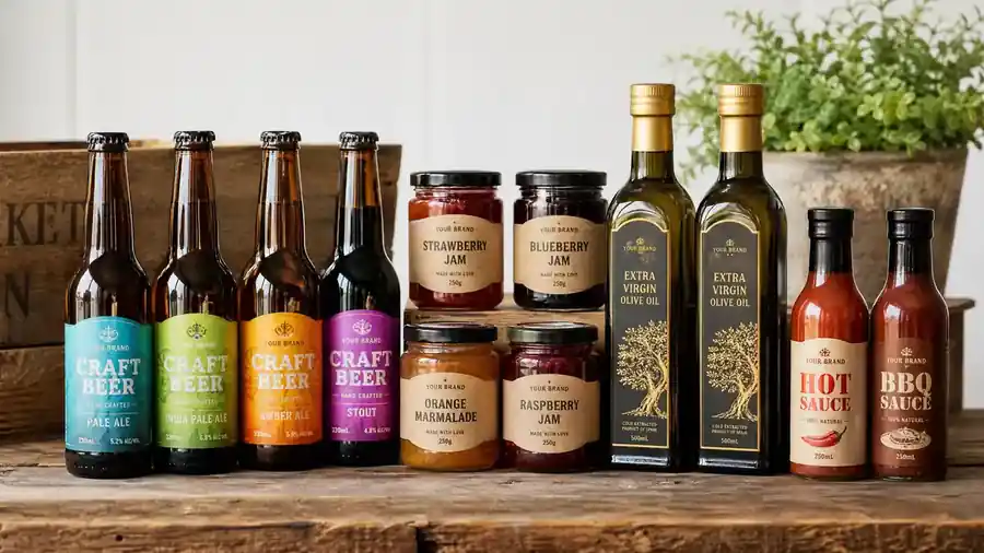 Custom food and beverage labels on wine bottles, sauce jars and premium food packaging