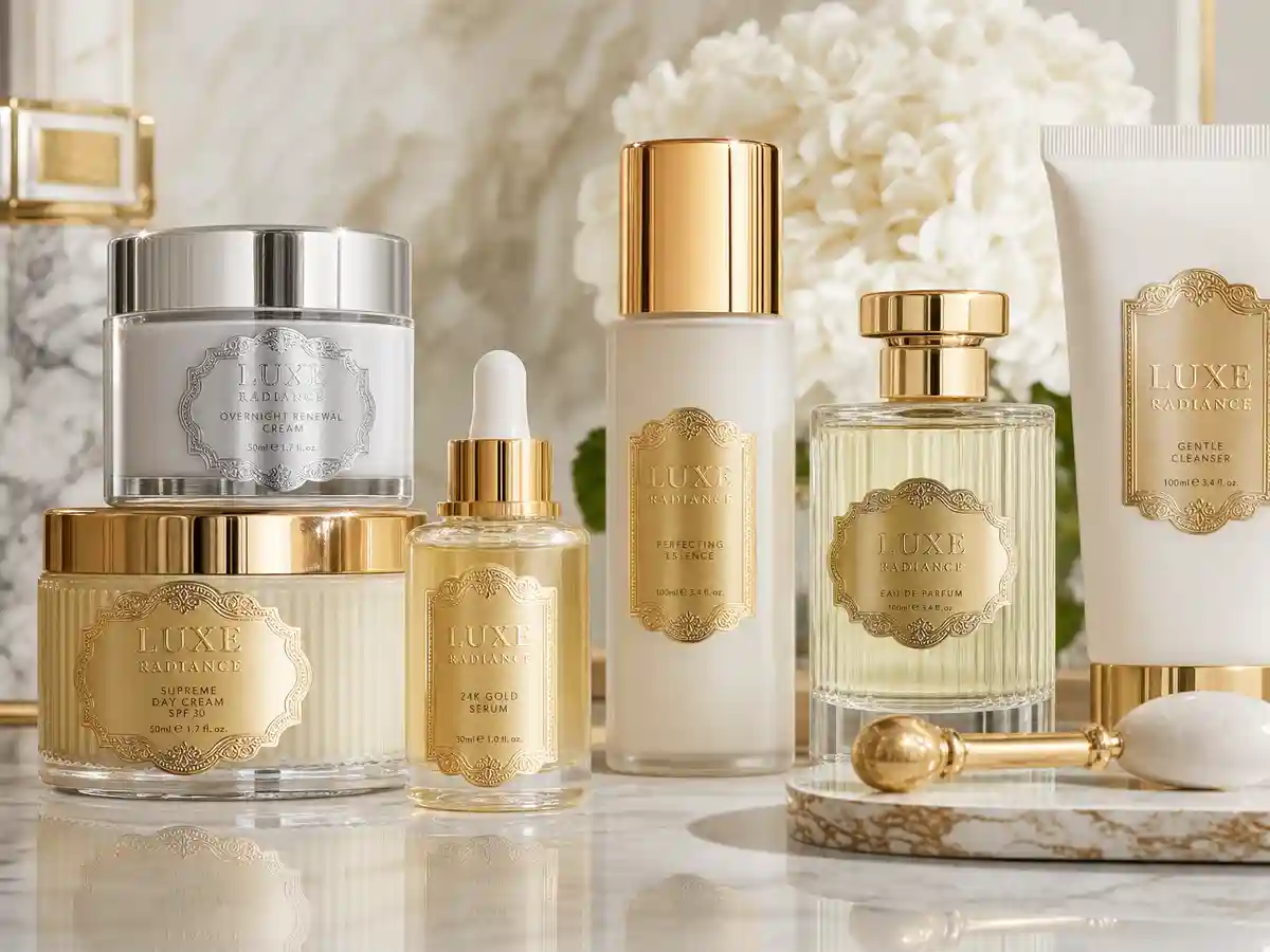 Metallic foil labels on luxury cosmetics