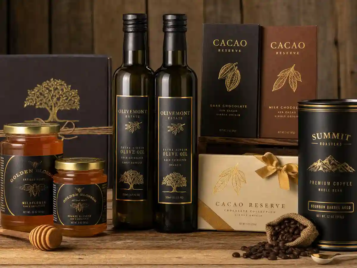 Gold foil labels on gourmet food products