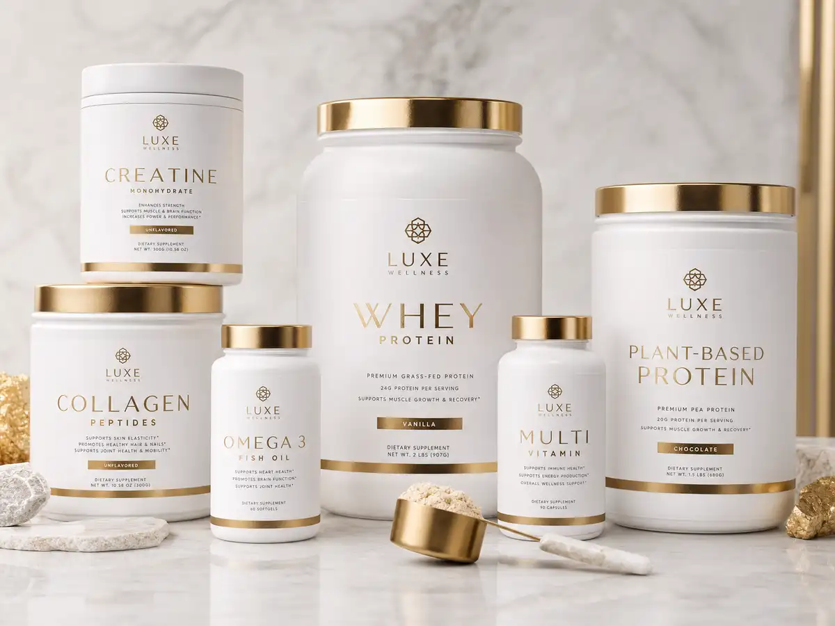 Gold foil labels on premium supplements