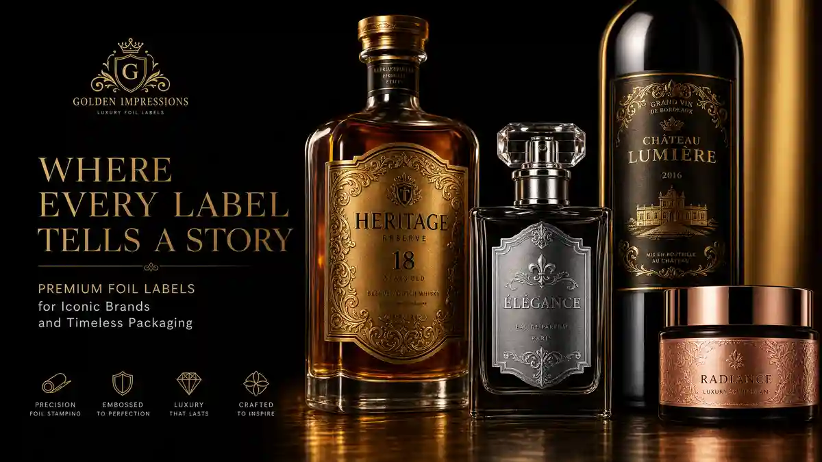 Custom metallic foil labels on premium wine and spirits bottles