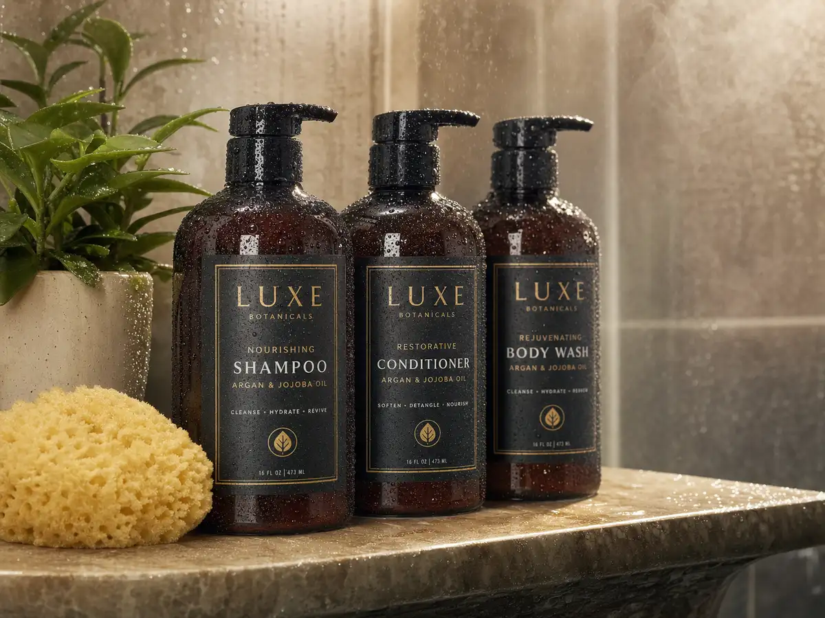 Waterproof labels on shampoo and body wash bottles in shower