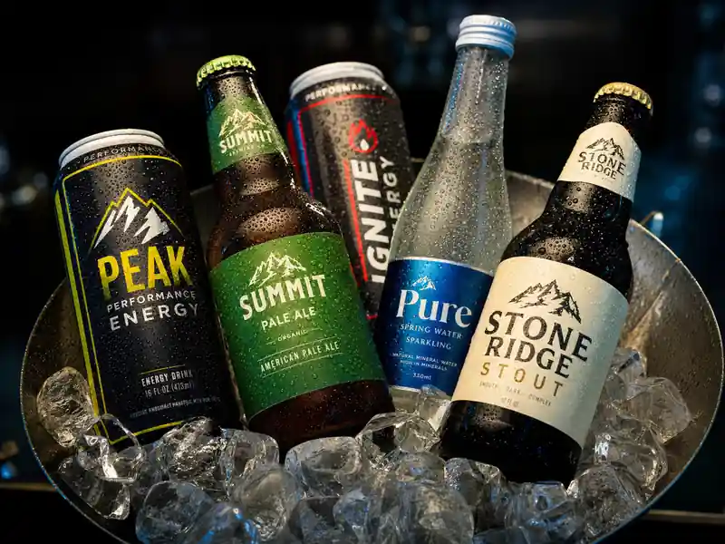 Waterproof labels on craft beer and beverage bottles in ice