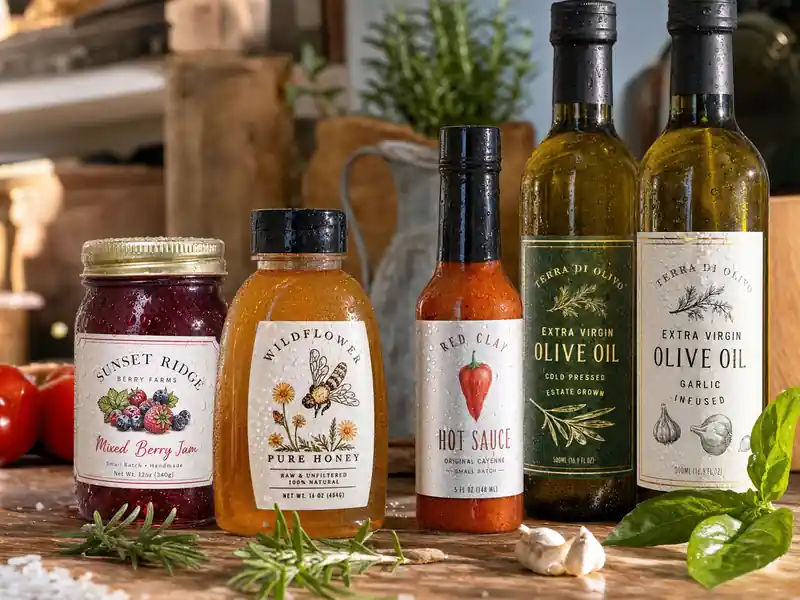 Waterproof labels on artisan food jars and bottles