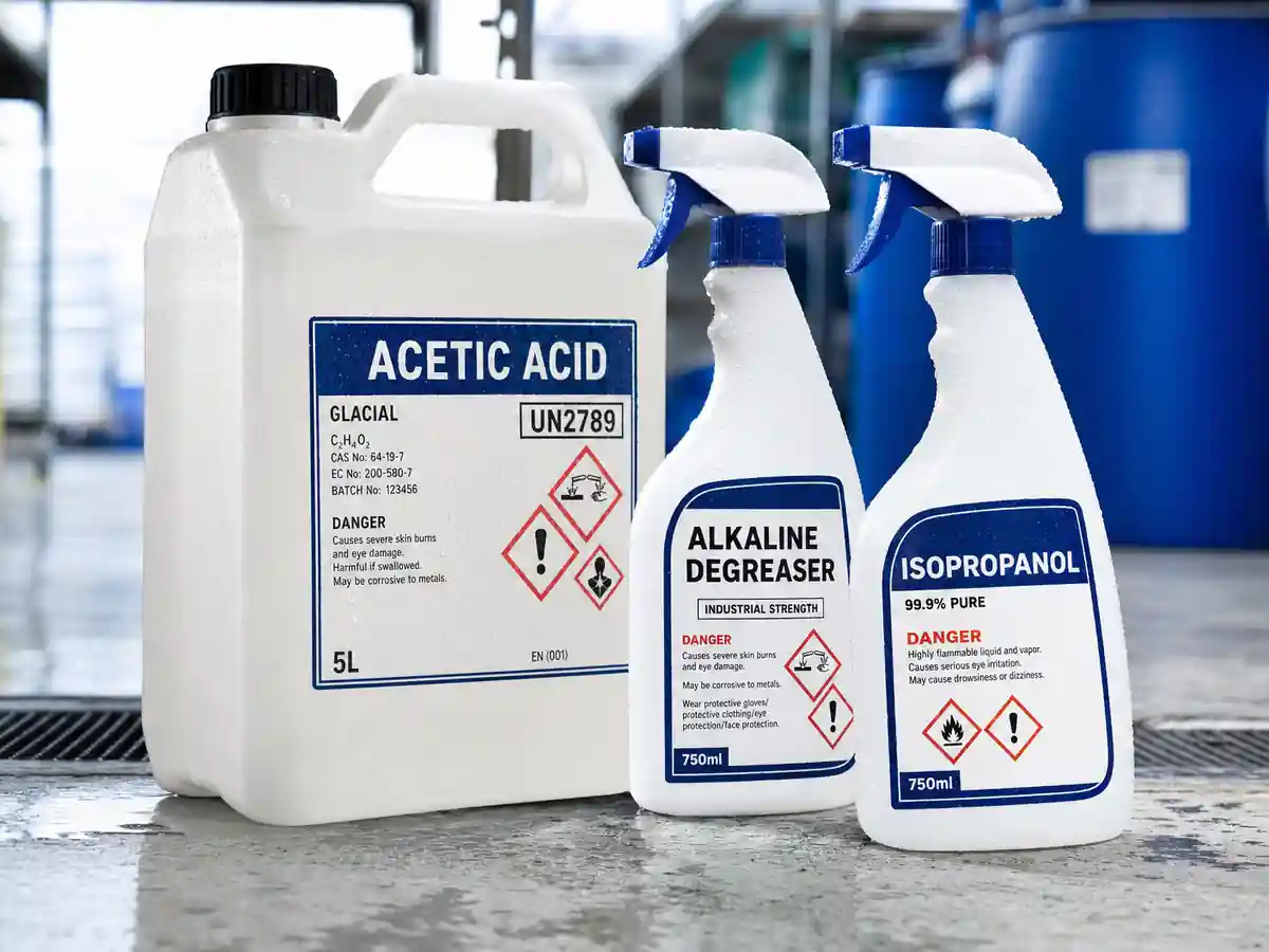Chemical-resistant waterproof labels on industrial containers