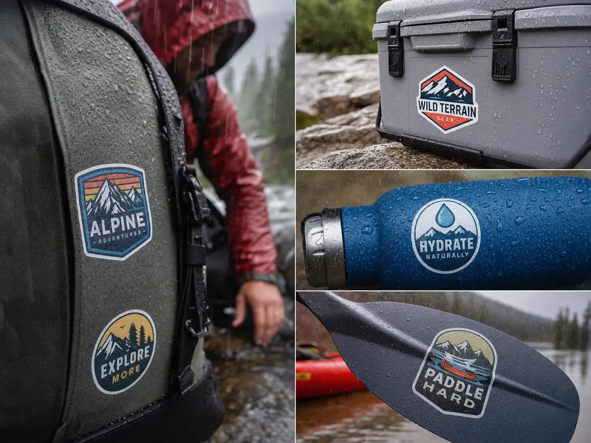 Waterproof vinyl labels on outdoor gear in rain