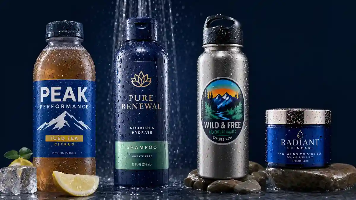 Custom waterproof labels on bottles in ice and water